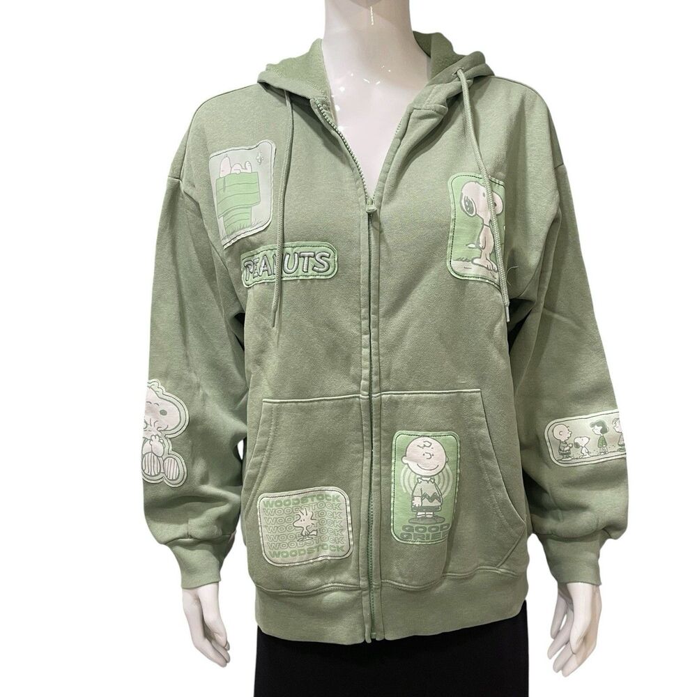 Snoopy Peanuts Green Multi Patch Full-Zip Hooded Sweatshirt Jacket Large New